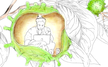 Ilustración de señora viendo un computador en medio de hojas y el virus del covid
