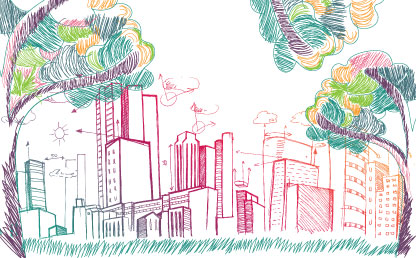Ilustración de una ciudad llena de edificios.