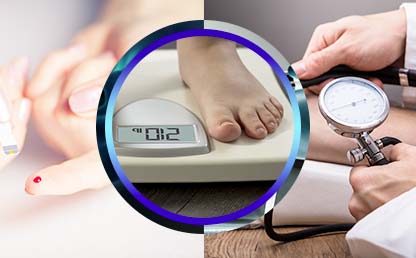 Prueba de azúcar con glucómetro, persona pesándose en váscula y toma de tensión arterial