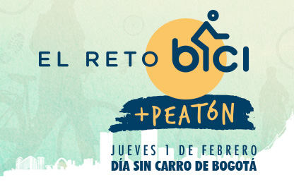 Gráfica de un humano en bicicleta anunciando el día sin carro, en Bogotá. Fodo verde, gráficas azules y se lee "El reto bici + peatón"