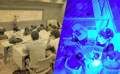 Composición gráfica de una foto con clase catedrática y otra foto de unos jóvenes estudiando en grupo