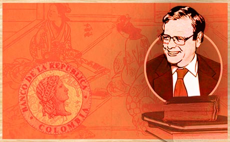 Ilustración del economista Miguel Urrutia acompañada de ilustraciones de libros y del sello del Banco de la República.