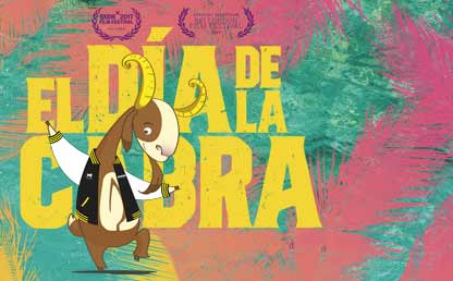 La mascota de Uniandes, Séneca, con el póster de la película El día de la cabra.