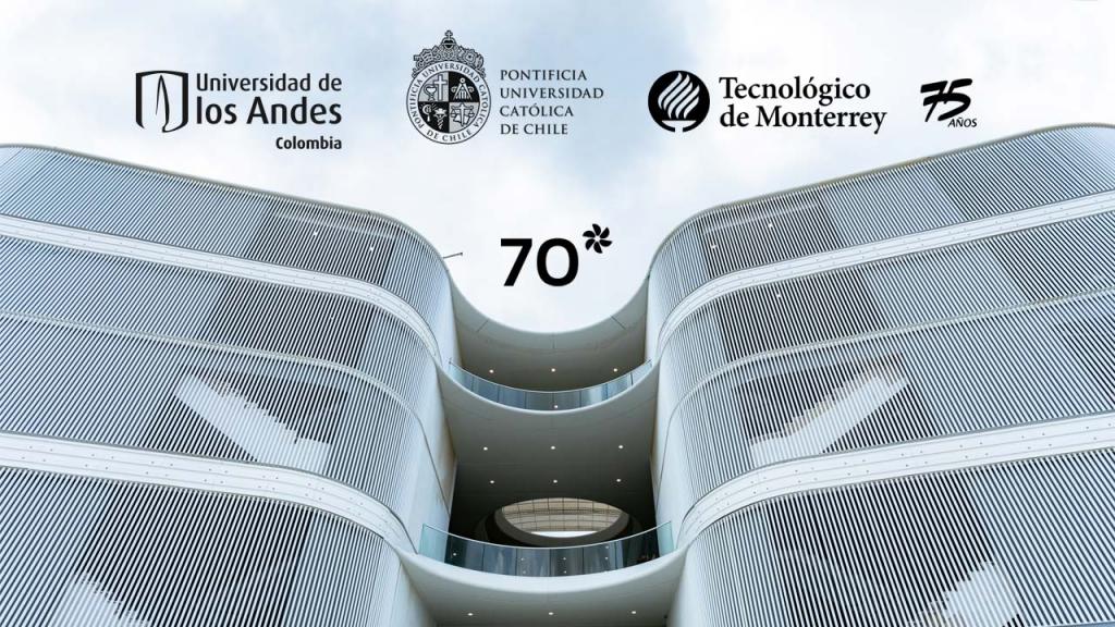 Imagen de la fachada de la Sede Caribe con los logos de las tres universidades de La Triada