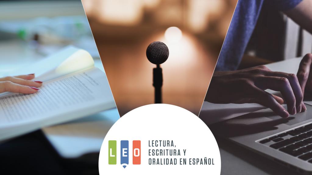 Imágenes de personas leyendo, escribiendo y un micrófono