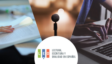 Imágenes de alguien leyendo, escribiendo y un micrófono
