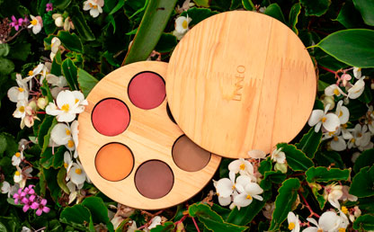 Paleta de sombras sobre hojas y flores.