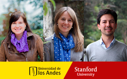 Dos mujeres y un hombre, con logos de la Universidad de los Andes y de la Universidad de Stanford.